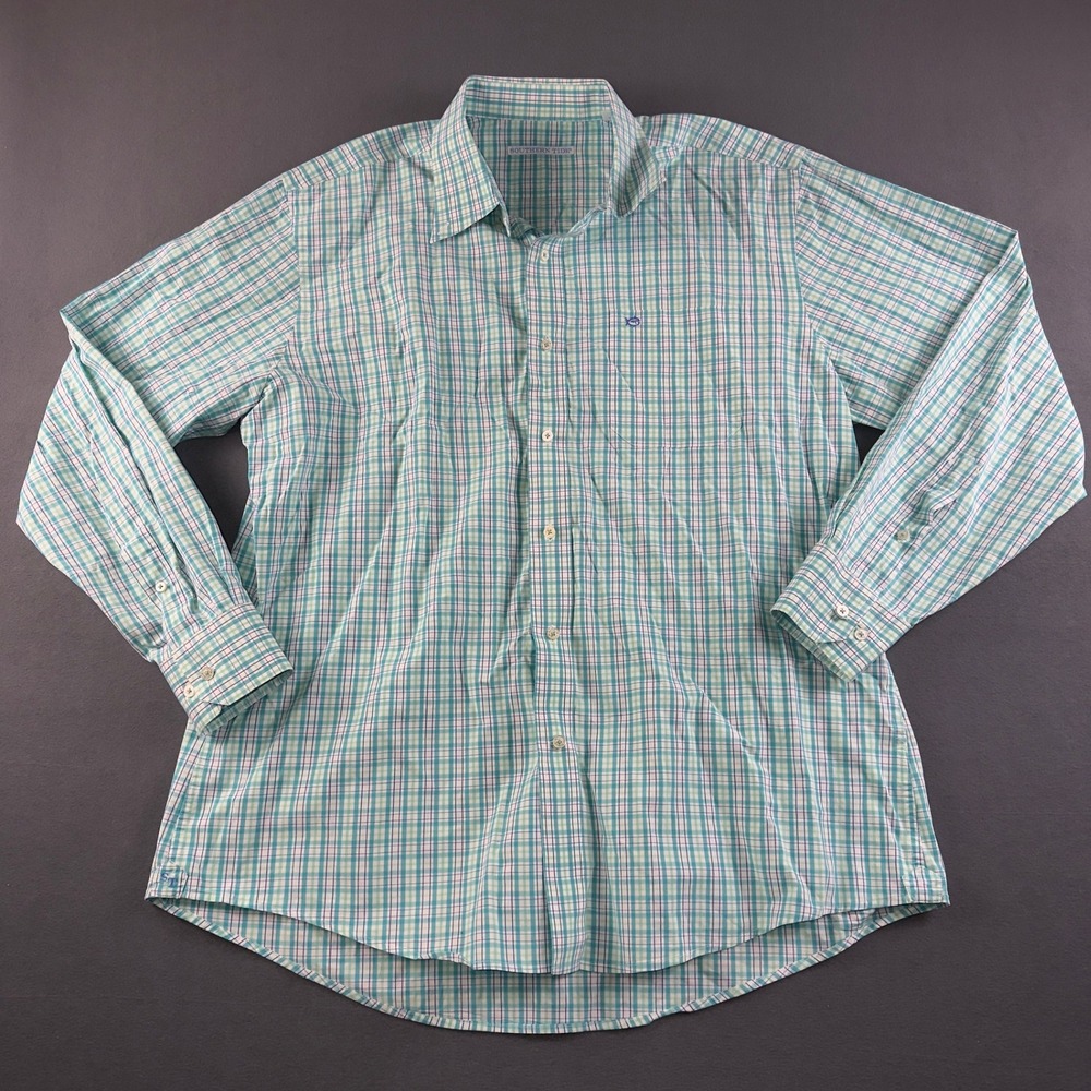 Southern Tide Mens Large Teal Green Plaid Long Sleeve Button Down Shirt 11659